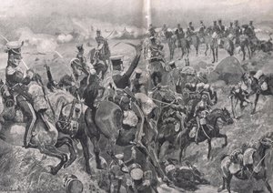 Carga de los 23º Dragones contra los cuadros franceses en Talavera, ilustración de 